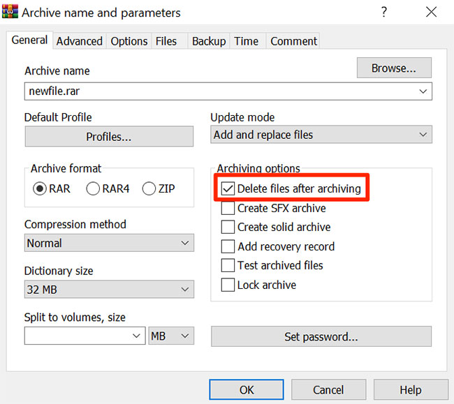 Chọn Delete files after archiving