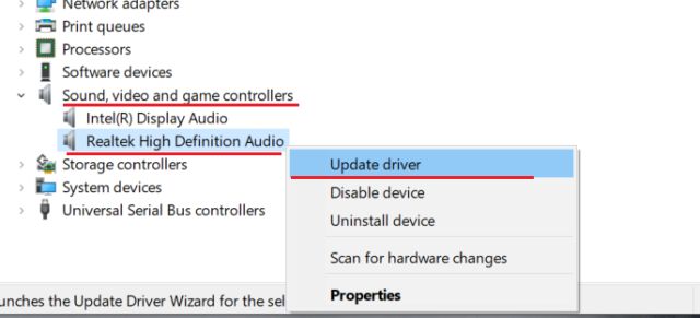 Nhấp chuột phải vào Realtek High Definition Audio và chọn Update driver