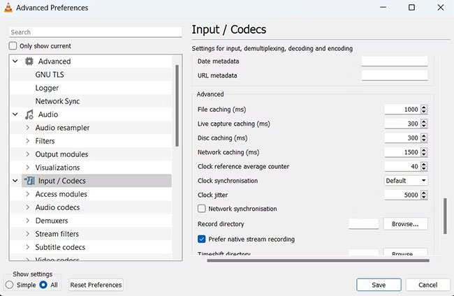 Tùy chọn Network caching trong VLC